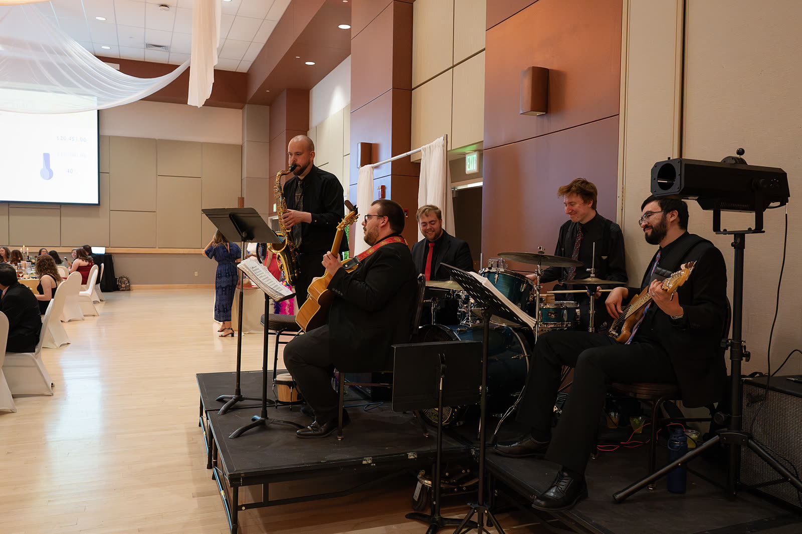 Side view of the full band performing at a reception